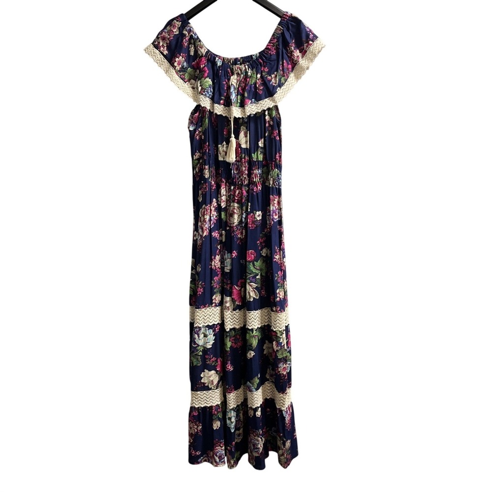 Magic Dress Blue Floral Off Shoulder Tiered Maxi Tassel Crochet Trim Size 1X